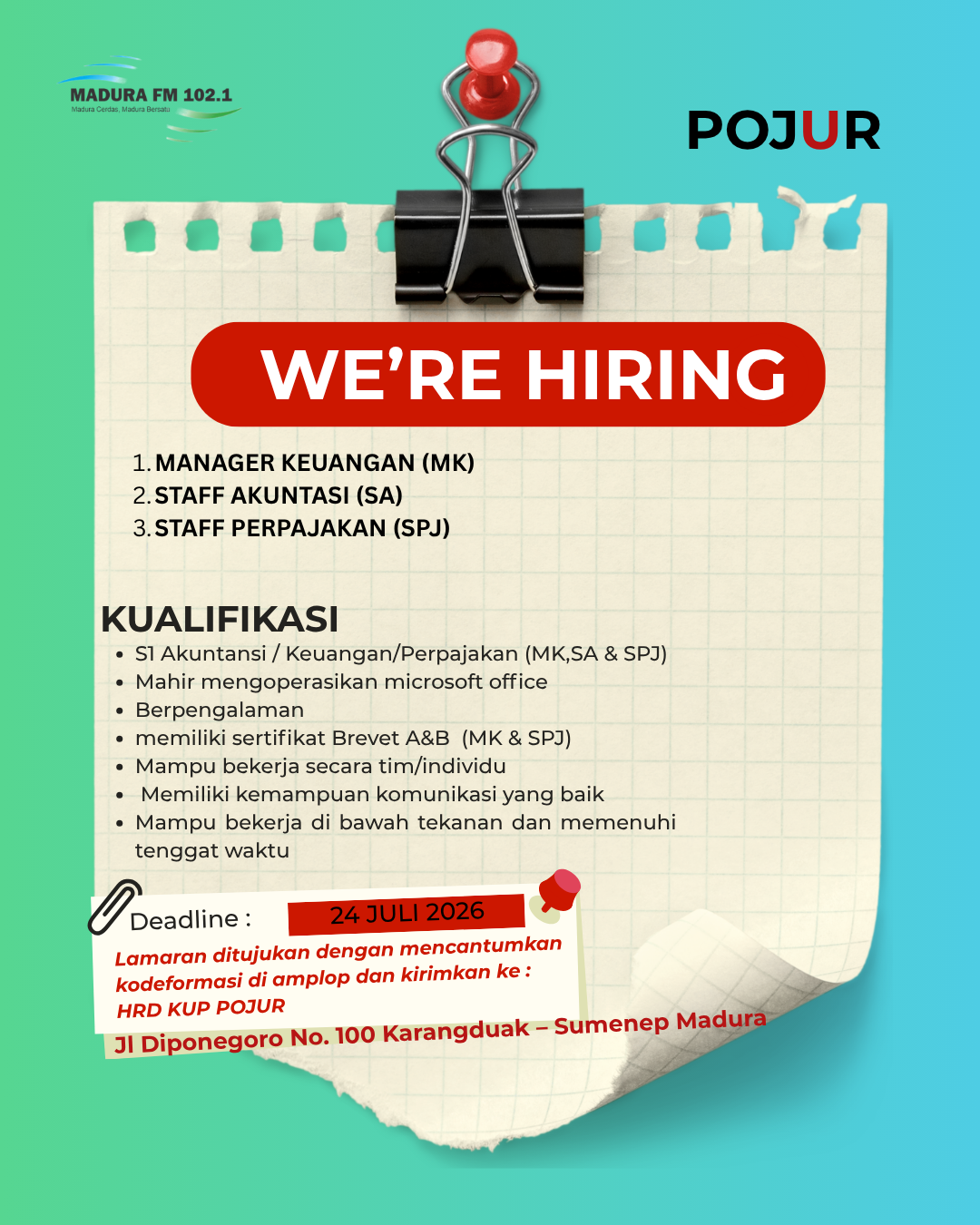 Lowongan Kerja Terbaru POJUR 2026 dari Manager Keuangan, Staf Akuntansi dan Staf Perpajakan